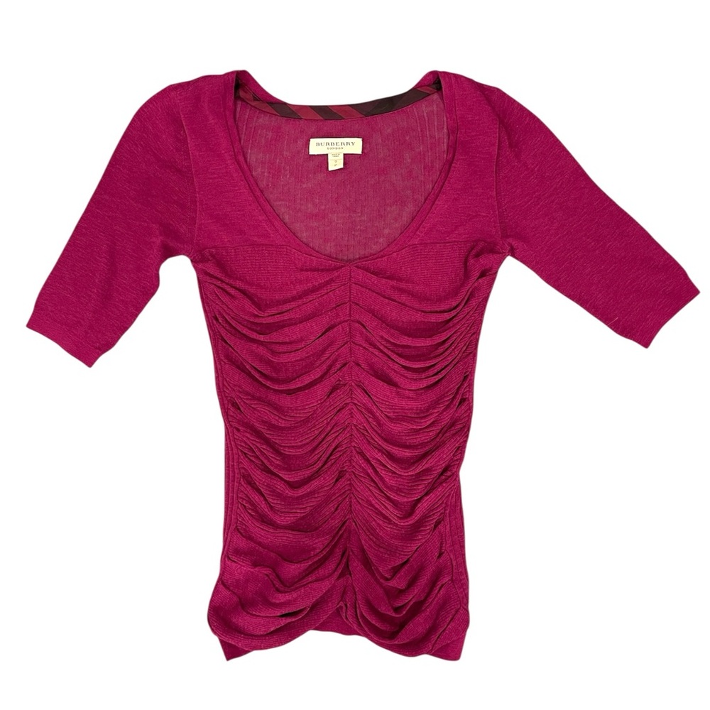 Women’s Y2K Burberry Burgundy V-Neck Ruched Longline Top Blouse /‎ Sweater SMALL